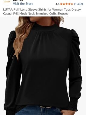 Black Puff Sleeve Mock Neck Blouse